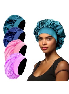 Yoseng 4 Pack Satin Bonnet For Sleeping,Satin Sleep Cap For Women,Wide Soft Band Bonnet For Curly Hair(Navy Blue,Peacock Blue,Pink,Light Purple)  - Image 1