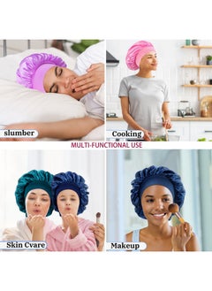 Yoseng 4 Pack Satin Bonnet For Sleeping,Satin Sleep Cap For Women,Wide Soft Band Bonnet For Curly Hair(Navy Blue,Peacock Blue,Pink,Light Purple)  - Image 3