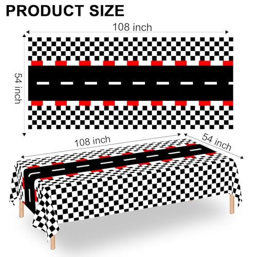 WNINK 2 PCS Racing Car Theme Tablecloths Car Disposable Plastic Tablecloths Black Checkered Flag Table Covers Racetrack Rectangular Tablecloth for Race Car Birthday Party Decorations, 54 x 108 Inch - Image 2