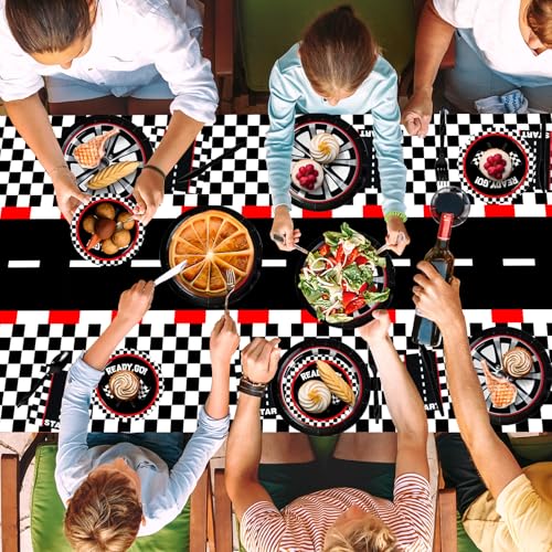 WNINK 2 PCS Racing Car Theme Tablecloths Car Disposable Plastic Tablecloths Black Checkered Flag Table Covers Racetrack Rectangular Tablecloth for Race Car Birthday Party Decorations, 54 x 108 Inch - Image 4