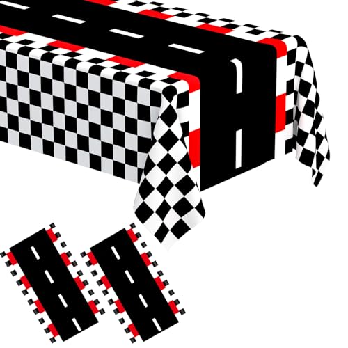 WNINK 2 PCS Racing Car Theme Tablecloths Car Disposable Plastic Tablecloths Black Checkered Flag Table Covers Racetrack Rectangular Tablecloth for Race Car Birthday Party Decorations, 54 x 108 Inch - Image 1
