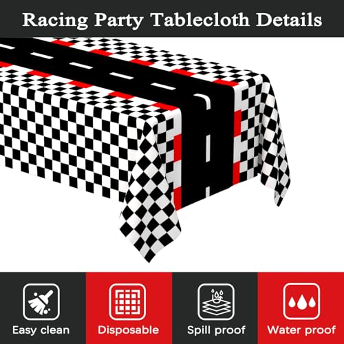 WNINK 2 PCS Racing Car Theme Tablecloths Car Disposable Plastic Tablecloths Black Checkered Flag Table Covers Racetrack Rectangular Tablecloth for Race Car Birthday Party Decorations, 54 x 108 Inch - Image 3