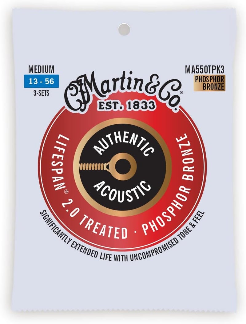 Martin Carefully selected material Authentic Acoustic Guitar Strings - 3 Pack - Lifespan 2.0 Treated 92/8 Medium Popular practical build - Image 1