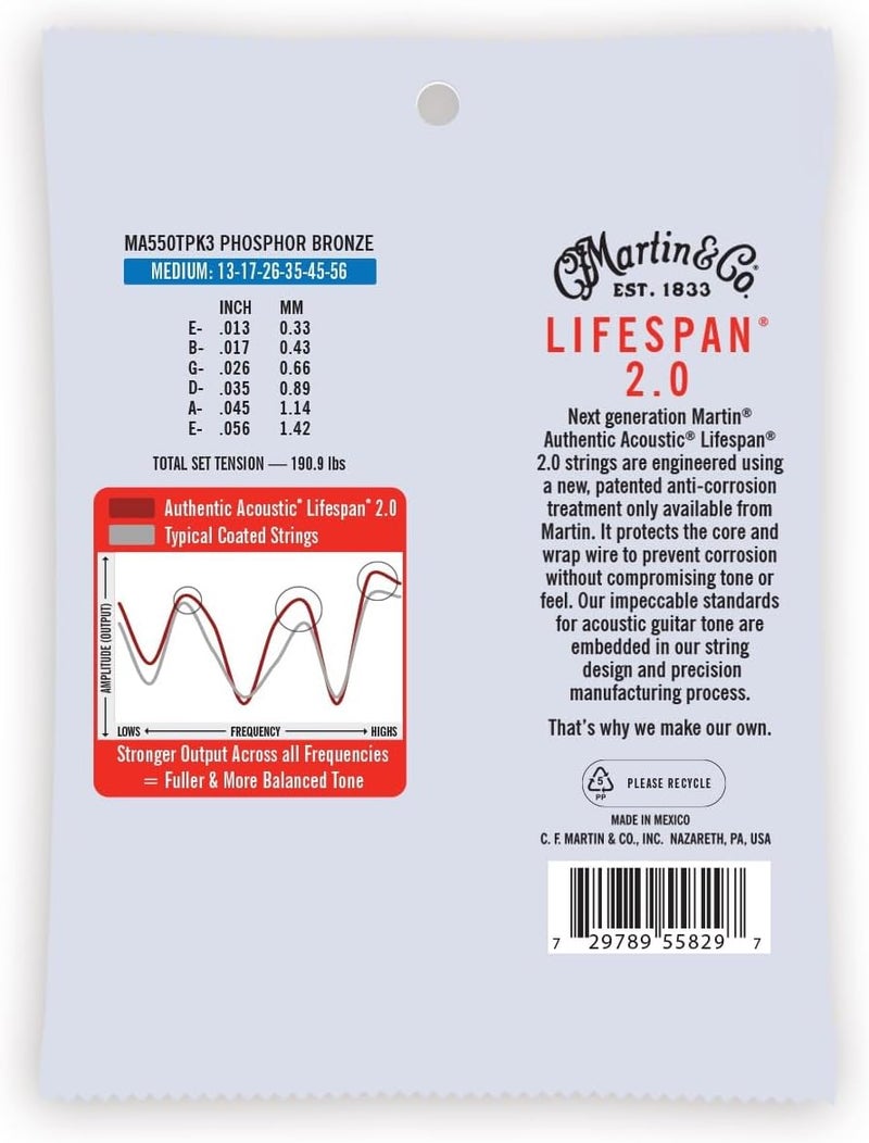 Martin Carefully selected material Authentic Acoustic Guitar Strings - 3 Pack - Lifespan 2.0 Treated 92/8 Medium Popular practical build - Image 2