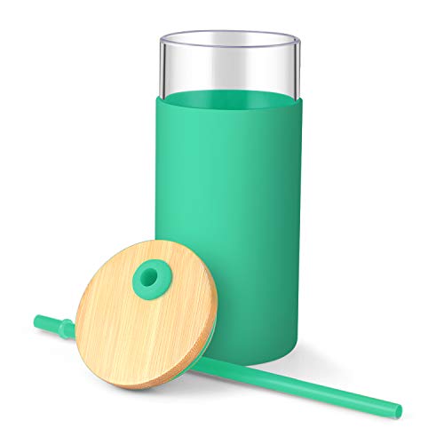 Tronco 20 oz Glass Tumbler with Lid and Straw, Iced Coffee Cup and Smoothie Cup with Bamboo Lids & Protective Silicone Sleeve, Dishwasher Safe, BPA-Free, Glass Cup 1 Pack - Image 2