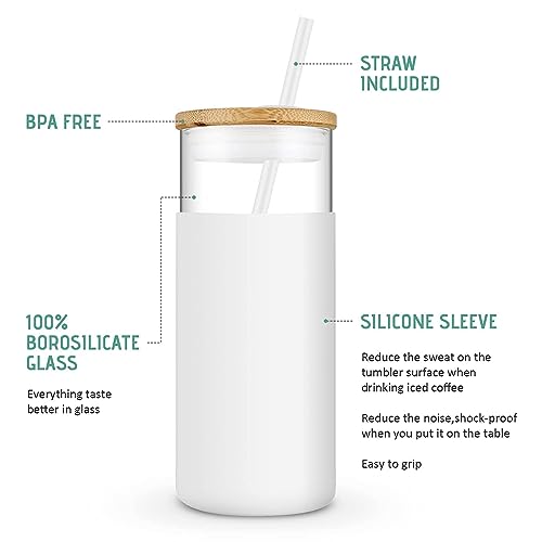 Tronco 20 oz Glass Tumbler with Lid and Straw, Iced Coffee Cup and Smoothie Cup with Bamboo Lids & Protective Silicone Sleeve, Dishwasher Safe, BPA-Free, Glass Cup 1 Pack - Image 5