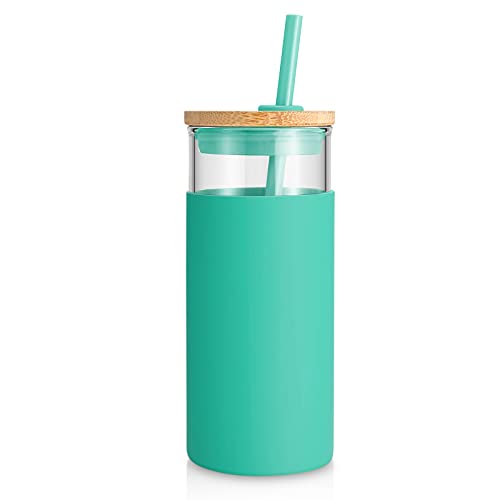Tronco 20 oz Glass Tumbler with Lid and Straw, Iced Coffee Cup and Smoothie Cup with Bamboo Lids & Protective Silicone Sleeve, Dishwasher Safe, BPA-Free, Glass Cup 1 Pack - Image 1