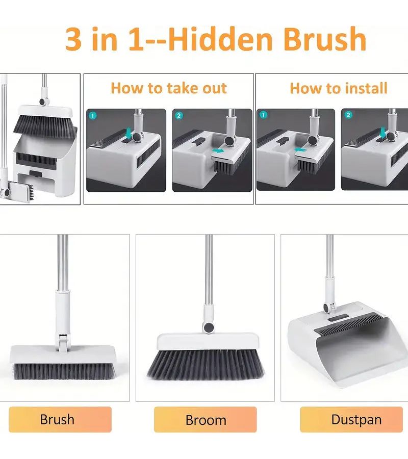 White Three Piece Suit Three In One Home Cleaning Kit Essential Furniture Cleaning Tools Soft Bristle Broom Dustpan And Brush Non Stick Hair For Home Office School Dorm - Image 4