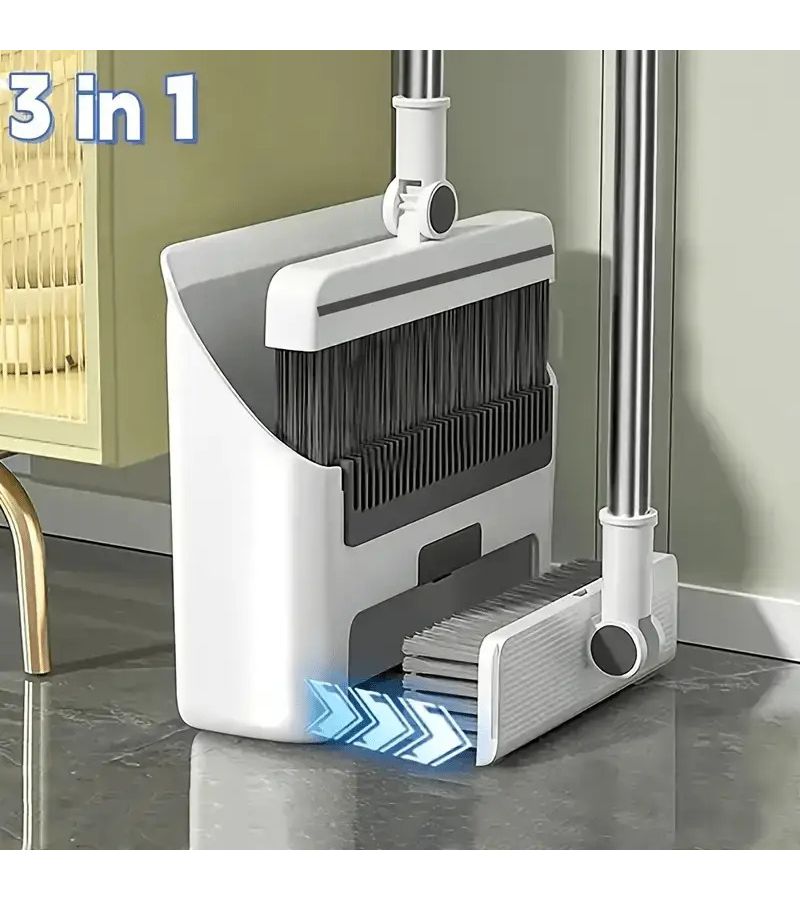 White Three Piece Suit Three In One Home Cleaning Kit Essential Furniture Cleaning Tools Soft Bristle Broom Dustpan And Brush Non Stick Hair For Home Office School Dorm - Image 1