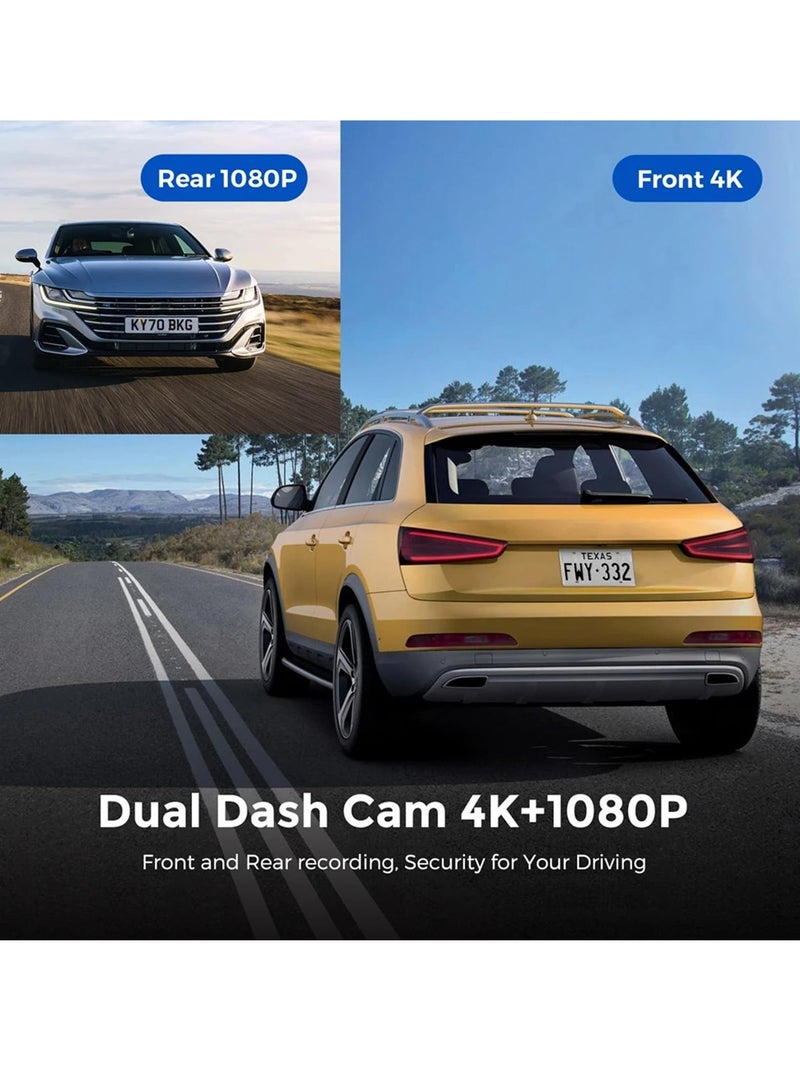 4K Dash Cam Car Camera Front Rear Dash Camera for Cars 2 Channels Dual Lens Ultra Wide Angle Dashcams with Night Vision WiFi Control Gravity Induction 24 Hours Parking Mode Loop Recording WDR - Image 3