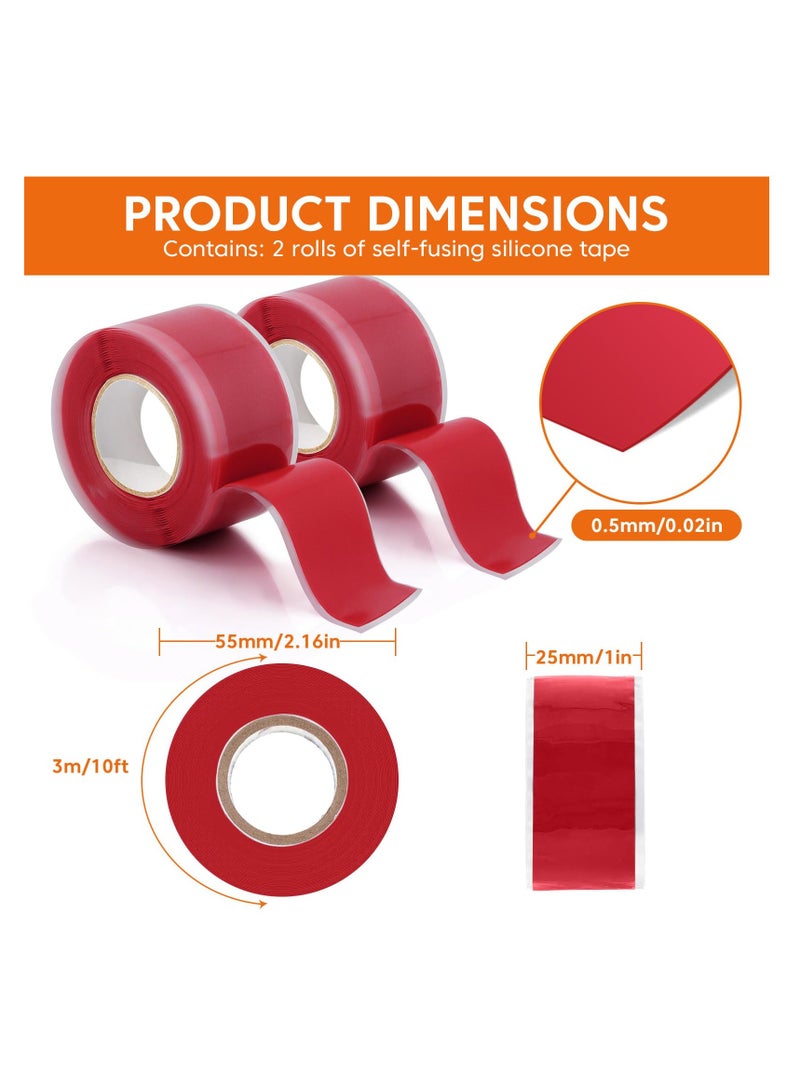 2 Rolls Self Fusing Silicone Tape - 1inx10ft Waterproof Tape, Water Leak Seal Tape, Rescue Tape, Plumbing Hose Repair Tape, Rubber Tape for Cable Winding Insulating(Red)