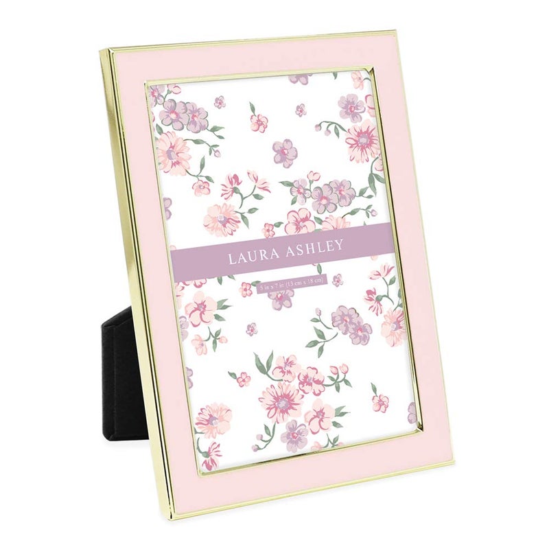 Laura Ashley 5x7 Pink Enamel Picture Frame Gold Metal Edge with Easel for Countertop Counterspace Tabletop Display Bookshelf Desk Wall Dcor Photo Gallery