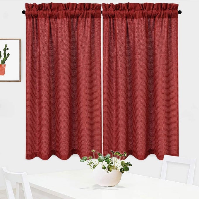WAFFLE KITCHEN CURTAINS 45 INCH LONG CASUAL WEAVE SMALL WINDOW CURTAIN KITCHEN BATHROOM BASEMENT BEDROOM DRAPES 30 X 45 BURGUNDY SET OF 2