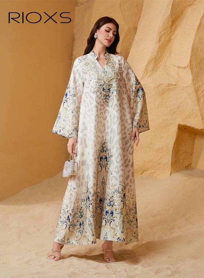 RIOXS Women's Muslim Dress, Diamond Ironing Arabian Dresses, Stylish Leopard Print Dress, Ladies Islamic Robe Maxi Clothes, Elegant Evening Dress, Arab Formal Dresses, Muslim Abaya Dress for Parties Festival and Special Occasions, Faint Yellow Womens Dresses  - Image 1
