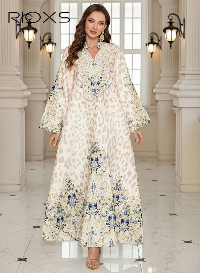 RIOXS Women's Muslim Dress, Diamond Ironing Arabian Dresses, Stylish Leopard Print Dress, Ladies Islamic Robe Maxi Clothes, Elegant Evening Dress, Arab Formal Dresses, Muslim Abaya Dress for Parties Festival and Special Occasions, Faint Yellow Womens Dresses  - Image 3