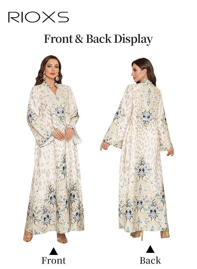 RIOXS Women's Muslim Dress, Diamond Ironing Arabian Dresses, Stylish Leopard Print Dress, Ladies Islamic Robe Maxi Clothes, Elegant Evening Dress, Arab Formal Dresses, Muslim Abaya Dress for Parties Festival and Special Occasions, Faint Yellow Womens Dresses  - Image 2