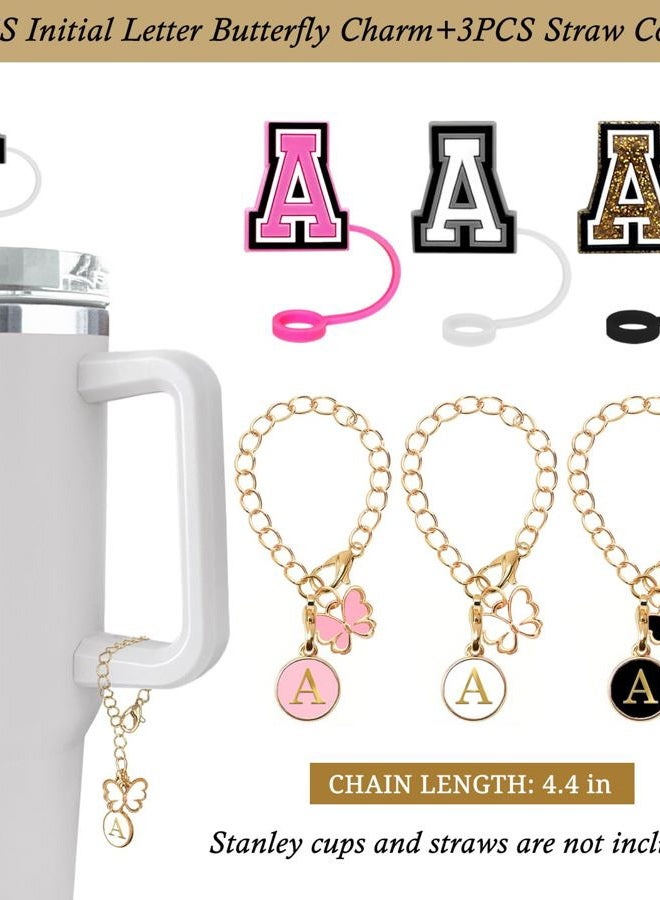 Nuozme （3 +3) Straw Cover Compatible with Stanley Tumbler Cup 3PCS Letter Straw Caps Toppers with 3 Initial Butterfly Charms Name ID For Stanley 30&40 Oz Cup - Image 2