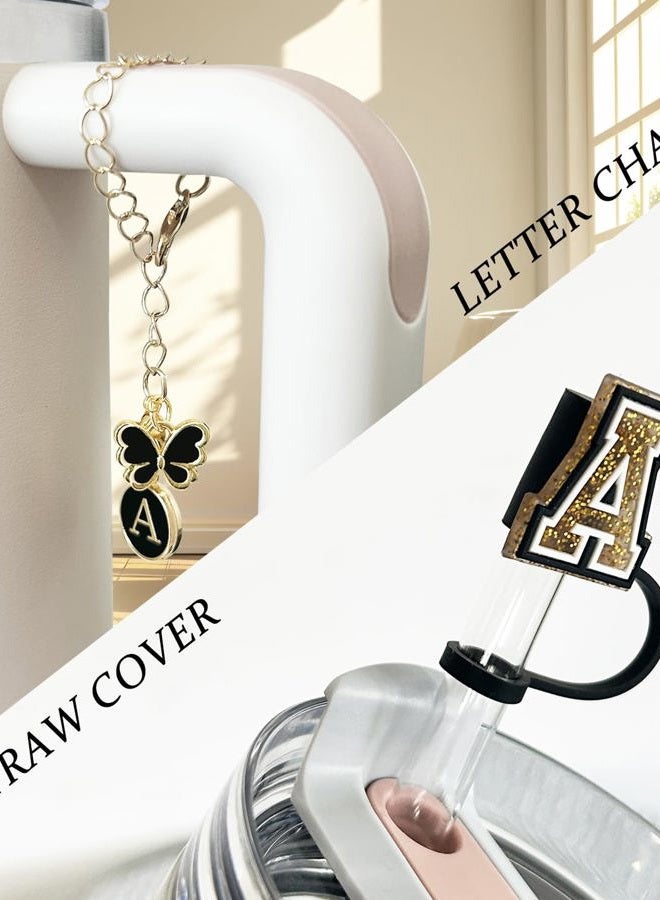 Nuozme （3 +3) Straw Cover Compatible with Stanley Tumbler Cup 3PCS Letter Straw Caps Toppers with 3 Initial Butterfly Charms Name ID For Stanley 30&40 Oz Cup - Image 4