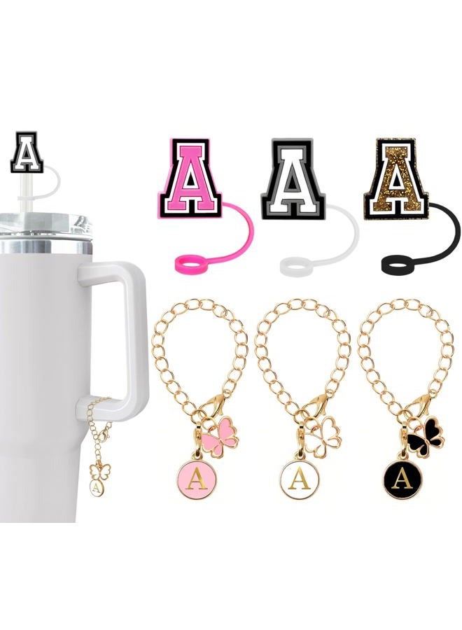 Nuozme （3 +3) Straw Cover Compatible with Stanley Tumbler Cup 3PCS Letter Straw Caps Toppers with 3 Initial Butterfly Charms Name ID For Stanley 30&40 Oz Cup - Image 1