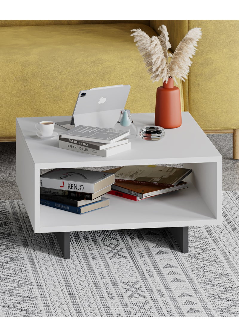 Mourah Home Hola Modern Square Coffee Table Centre Table For Living Room Office Industrial Sofa Table| For Small Spaces Living Room Bedroom|32X60X60Cm | White/Dark Grey  - Image 1