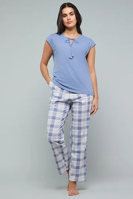 R&B Solid Sleep Top with Tie-Up Neck and Short Sleeves