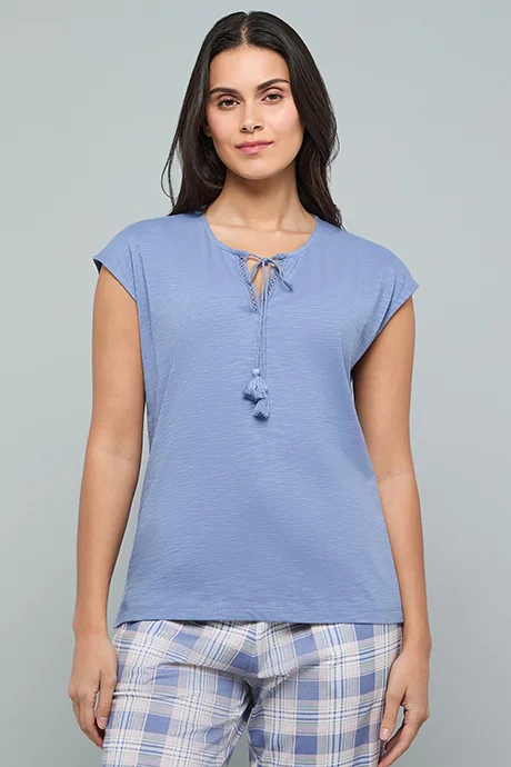 R&B Solid Sleep Top with Tie-Up Neck and Short Sleeves