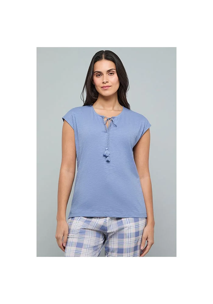 R&b Solid Sleep Top with Tie-Up Neck and Short Sleeves