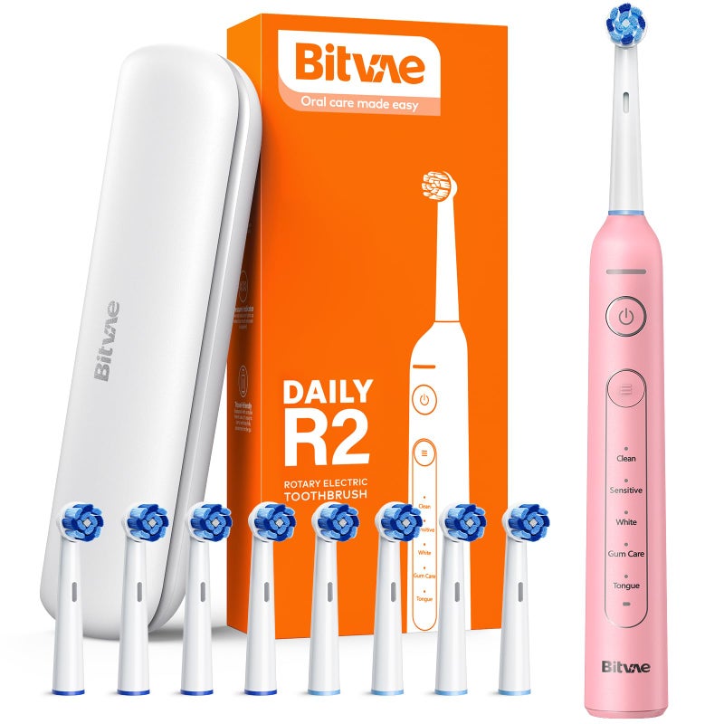 Bitvae R2 Rotating Electric Toothbrush for Adults with 8 Brush Heads, 5 Modes Rechargeable Power Toothbrush with Pressure Sensor, Pink - Image 1