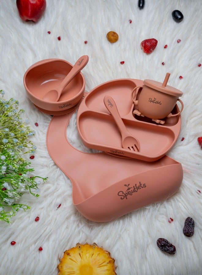 Sproutlets 6 Pcs Silicone Baby Feeding Set | BPA-Free Baby Dinner Set with Suction Plate, Bowl, Bib, Cup, Spoon & Fork | Microwave & Dishwasher Safe | 6+ Months (Brick Red) - Image 1