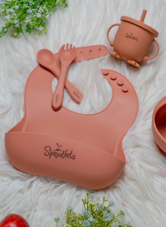 Sproutlets 6 Pcs Silicone Baby Feeding Set | BPA-Free Baby Dinner Set with Suction Plate, Bowl, Bib, Cup, Spoon & Fork | Microwave & Dishwasher Safe | 6+ Months (Brick Red) - Image 3