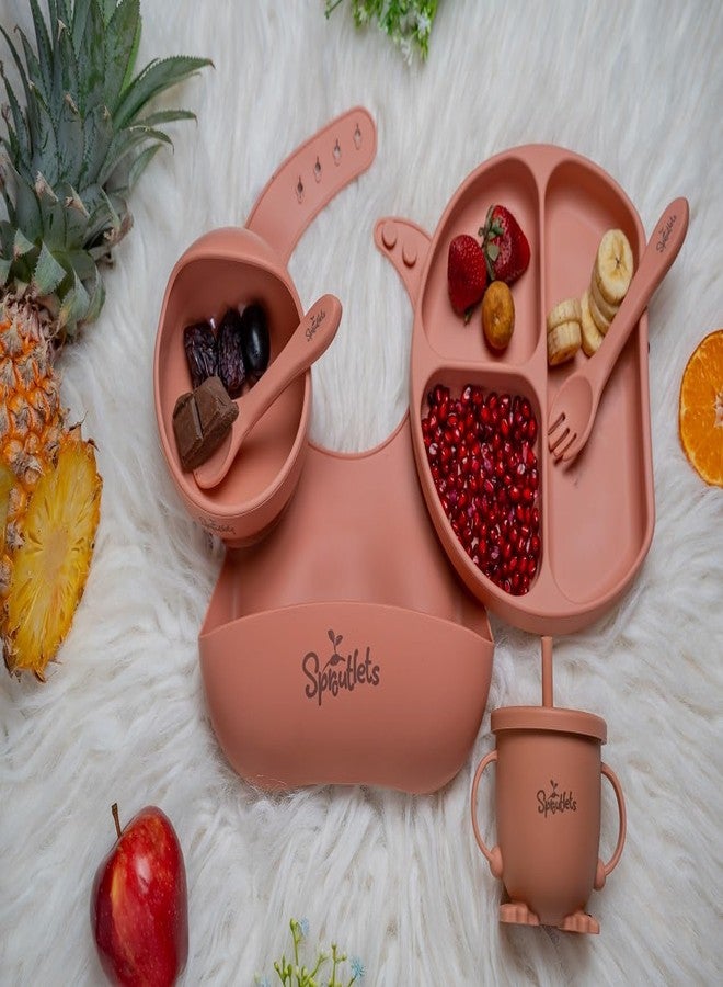 Sproutlets 6 Pcs Silicone Baby Feeding Set | BPA-Free Baby Dinner Set with Suction Plate, Bowl, Bib, Cup, Spoon & Fork | Microwave & Dishwasher Safe | 6+ Months (Brick Red) - Image 2