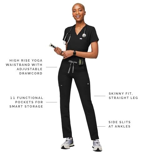 FIGS YOLA High Waisted Skinny Scrub Pants for Women - Black, Petite XXS - Image 2