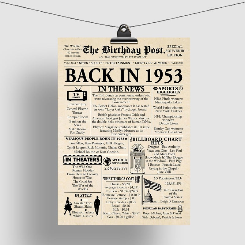 Stuff4 72nd Birthday Poster Unframed - Back In 1953 Newspaper - Happy 72nd Birthday Gifts for Men Women Vintage Retro Born In 1953  8x10 Inch Seventy-Two Seventy-Second Bday Party Decor Decoration - Image 4