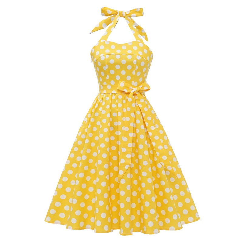 Women Halter Neck 50s Vintage Polka Dot Cocktail Swing Dress Retro Pinup 1950s Audrey Hepburn Rockabilly Prom Dress Lace Up Backless ALine Wedding Formal Party Casual Belt Dresses HalterYellow XL