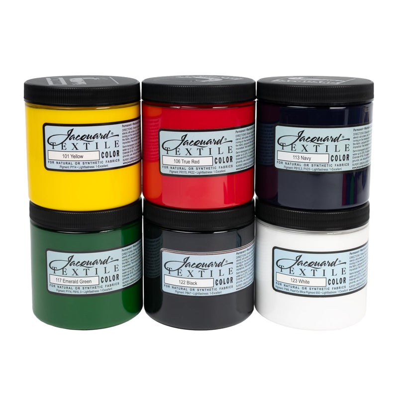 Jacquard Textile 6 Color Primary Colors Set - Permanent Fabric Paint for Clothes, Furniture Upholstery, Shoes or Tote Bags – Indoor & Outdoor Fabric Paint Set – 8 Oz Jars, Upholstery Fabric paint - Image 1