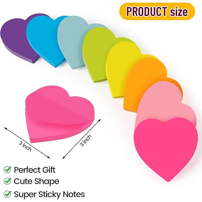 TKTB Heart Sticky Notes 3x3 in, 8 Pads, Super Cute Bright Color Strong Adhesive Post, Clean Removal, 82 Sheets/pad - Image 2