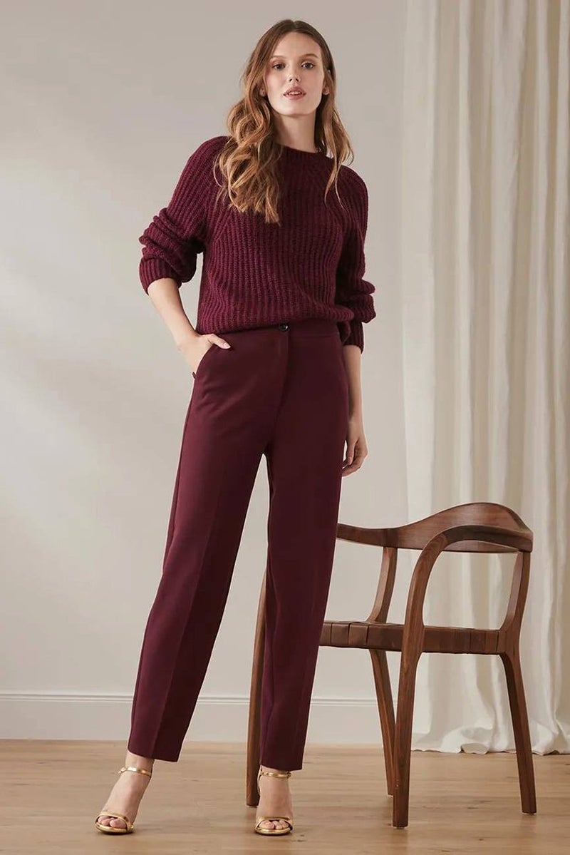 Tchibo Women Regular Fit Side Pocket Plain Pants, Maroon  - Image 1