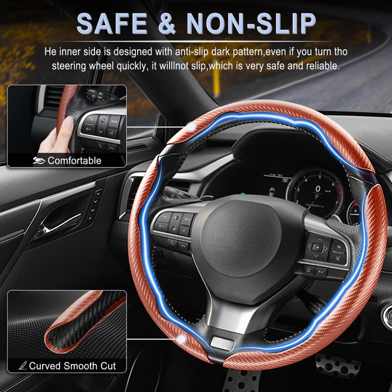 Amiss 3pcs Carbon Fiber Anti-Skid Steering Wheel Cover, Waterproof & Segmented Butterfly Design, Universal 99% Vehicle Wheel Cover Protector, Car Interior Accessories, Champagne - Image 3