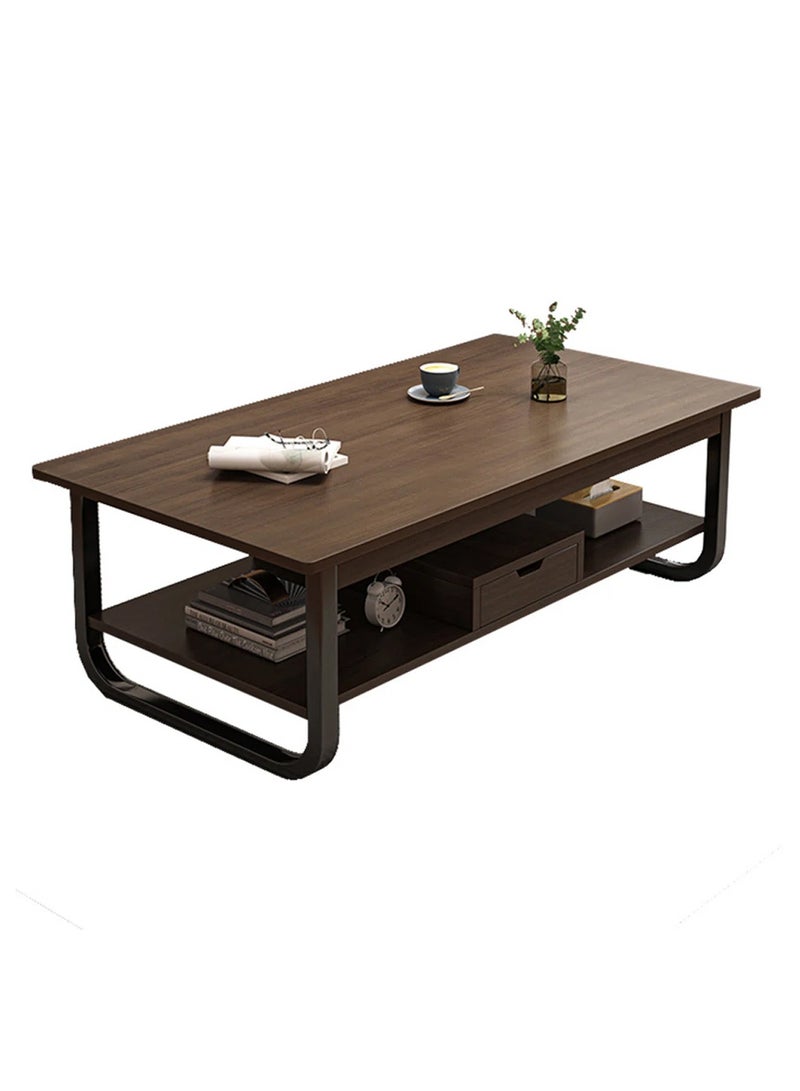 سحابة طاولة قهوة حديثة بطبقتين – طاولة وسط بسطح خشبي وإطار معدني مزودة برف تخزين، مقاس 110×60×45 سم، بلون الجوز العميق - Image 4