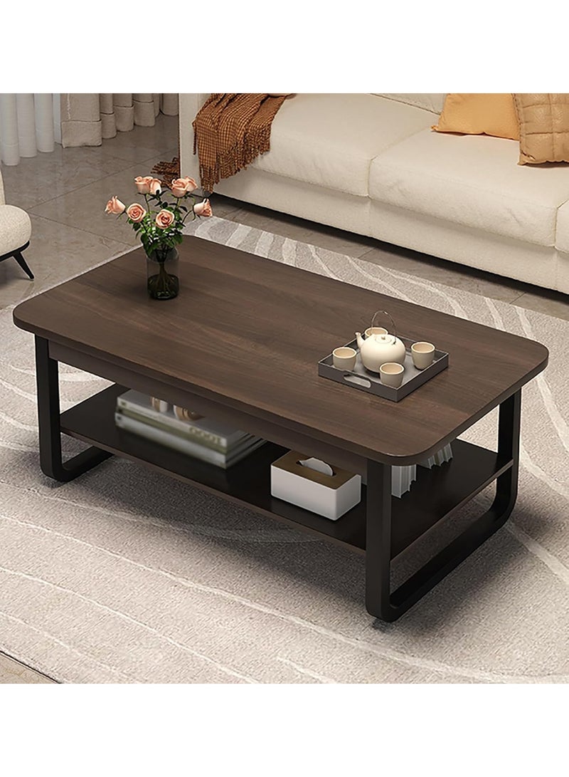 سحابة طاولة قهوة حديثة بطبقتين – طاولة وسط بسطح خشبي وإطار معدني مزودة برف تخزين، مقاس 110×60×45 سم، بلون الجوز العميق - Image 3