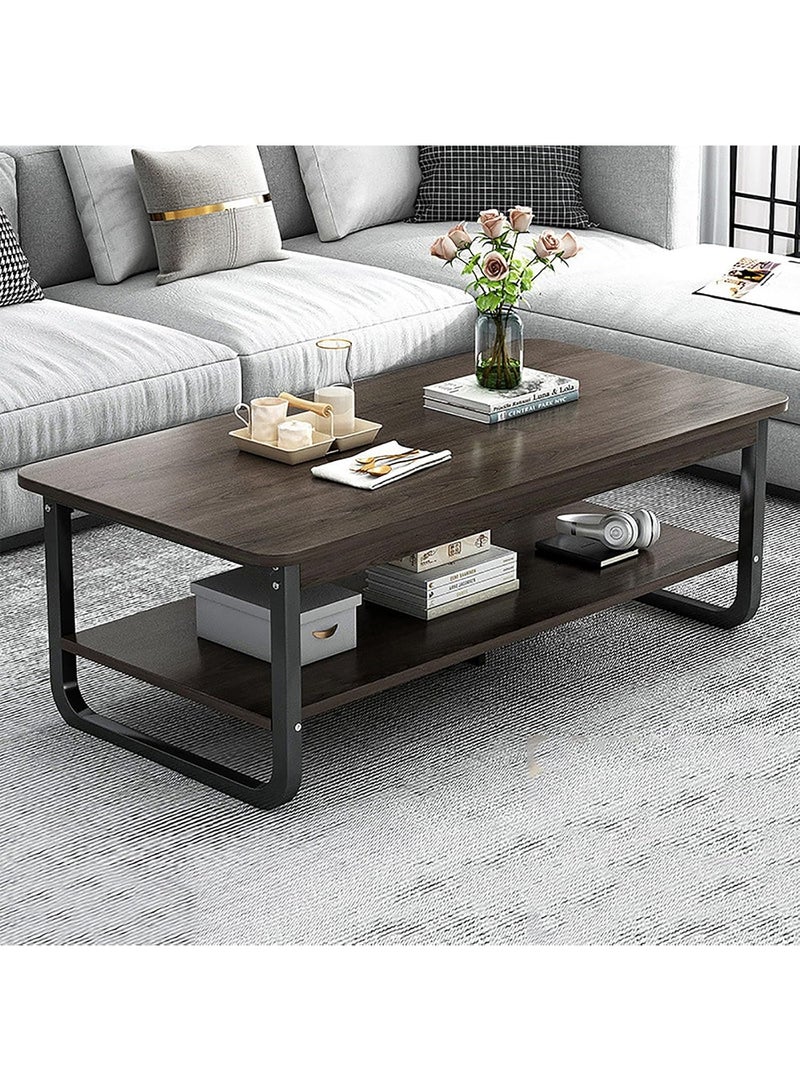 سحابة طاولة قهوة حديثة بطبقتين – طاولة وسط بسطح خشبي وإطار معدني مزودة برف تخزين، مقاس 110×60×45 سم، بلون الجوز العميق - Image 2