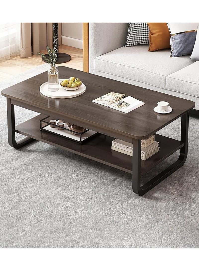 سحابة طاولة قهوة حديثة بطبقتين – طاولة وسط بسطح خشبي وإطار معدني مزودة برف تخزين، مقاس 110×60×45 سم، بلون الجوز العميق - Image 1