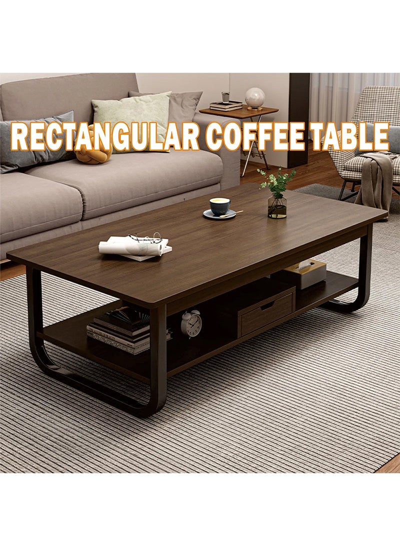 سحابة طاولة قهوة حديثة بطبقتين – طاولة وسط بسطح خشبي وإطار معدني مزودة برف تخزين، مقاس 110×60×45 سم، بلون الجوز العميق - Image 5