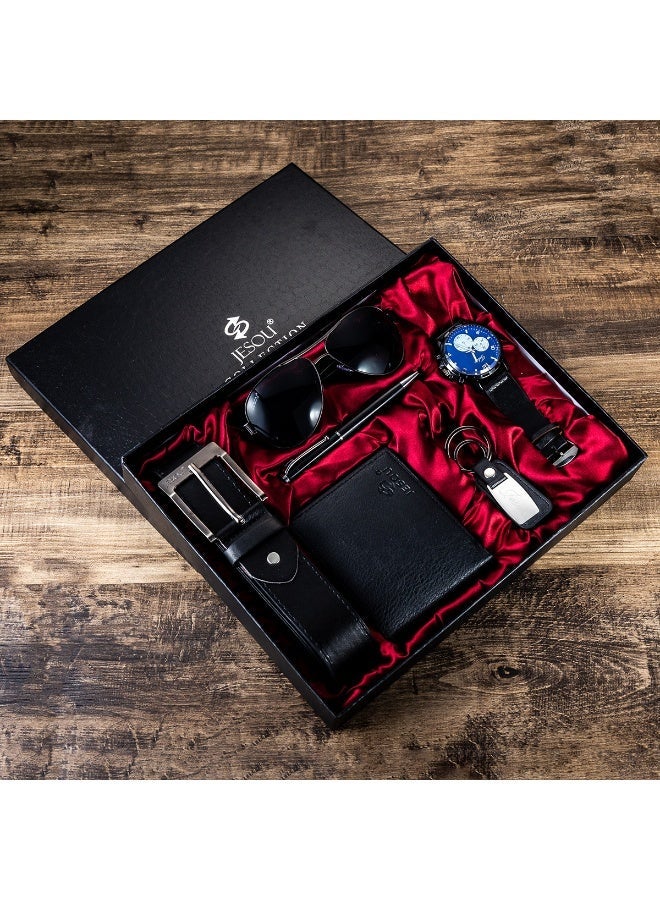 JESOU 6-in-1 Deluxe Gift Set: Sunglasses, Belt, Wallet, Keychain, Signature Pen, and Large Dial Quartz Watch - Image 1