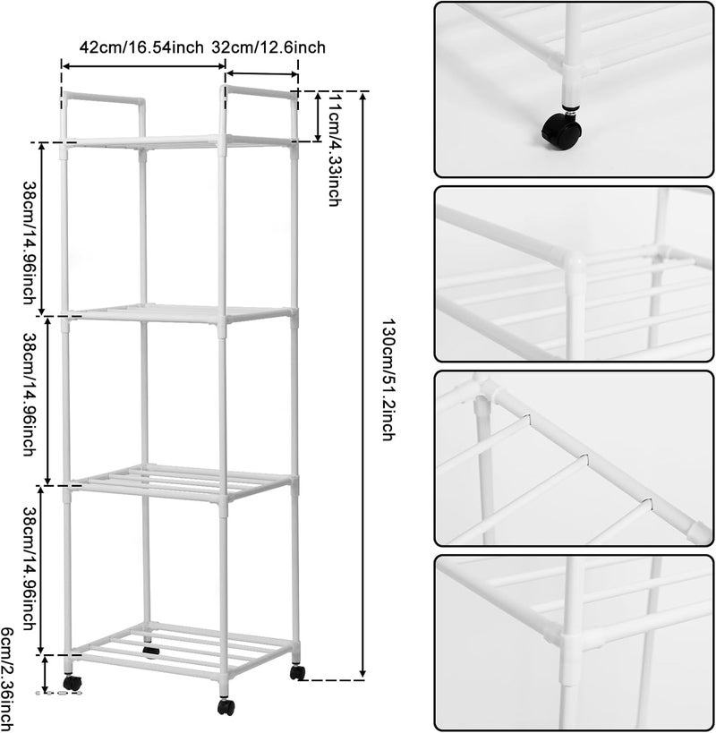 windforgecraft Kitchen Storage Shelf Standing Bakers Rack Adjustable Rolling Shelving Unit Kitchen Storage & Organisation Mobile Kitchen Rack Shelves Storage for Pantry Laundry Bathroom Kitchen (White 4 Layers) - Image 2
