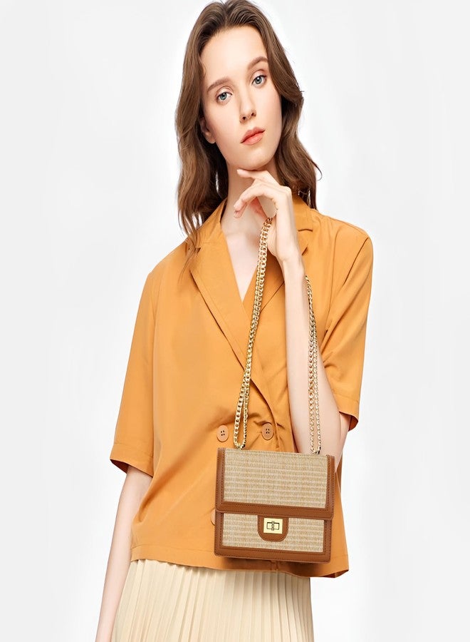 KKXIU Women Straw Crossbody Bag Summer Shoulder Bag Beach Handbag Vegan Leather Purse (Brown) - Image 2
