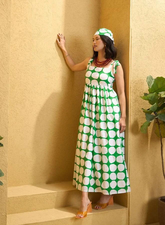 SASSAFRAS Sassafras Green Polka Dot Shoulder Knot Maxi Dress