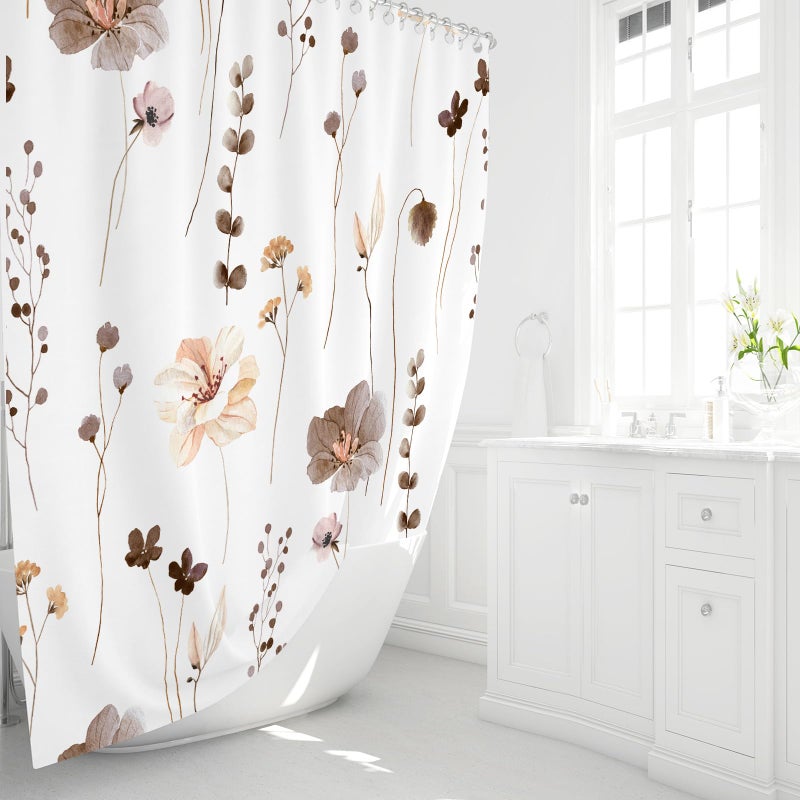 Gibelle Watercolor Floral Shower Curtain, Brown Beige Flower Shower Curtain for Bathroom, Modern Minimalist Waterproof Fabric Shower Curtain Set 72x72 Inch - Image 2