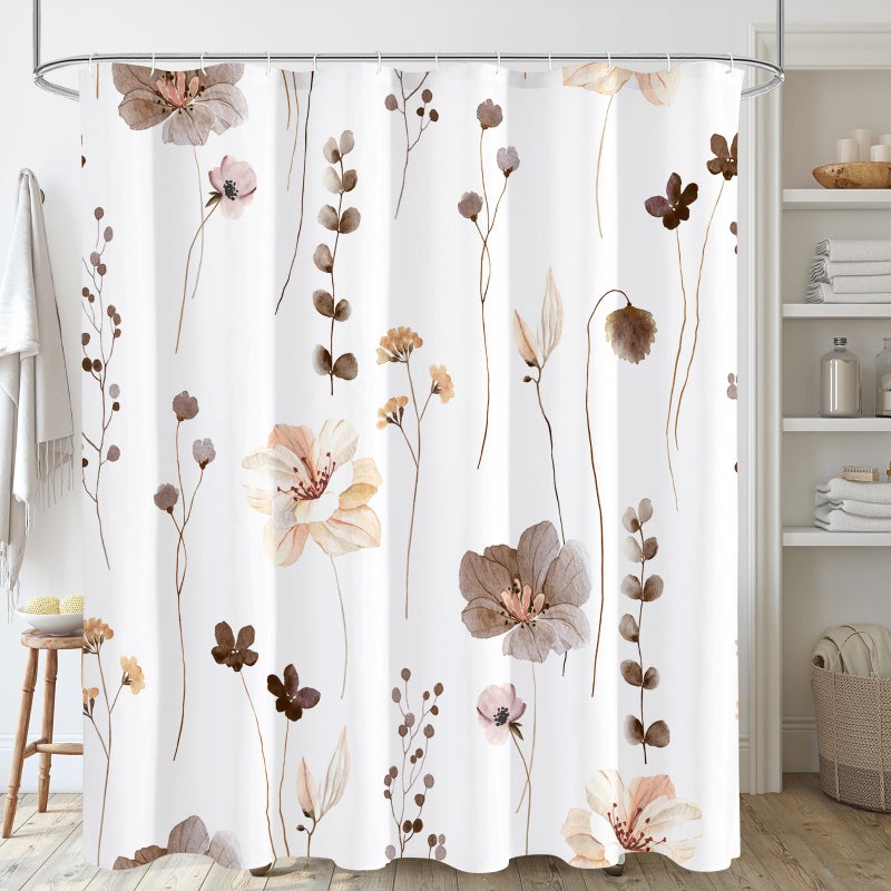 Gibelle Watercolor Floral Shower Curtain, Brown Beige Flower Shower Curtain for Bathroom, Modern Minimalist Waterproof Fabric Shower Curtain Set 72x72 Inch - Image 1