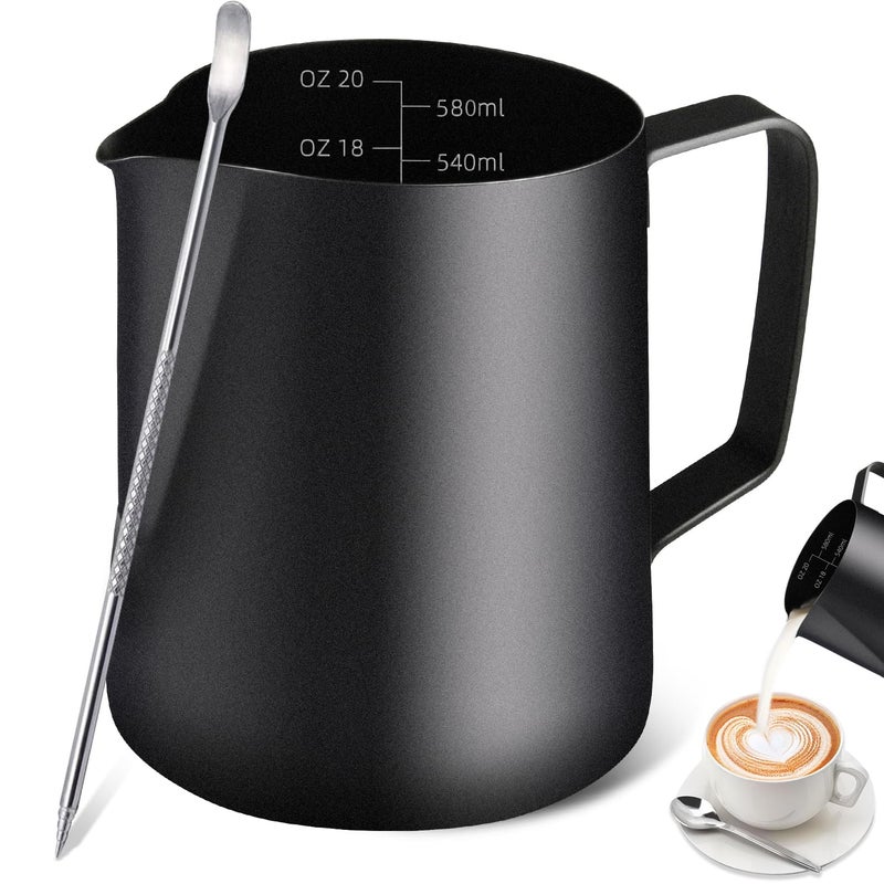Milk Frothing Pitcher 20OZ600ML Stainless Steel Espresso Steaming Pitcher Coffee Milk Frother Cup with Decorating Art Pen for Espresso Machine Milk Frother Latte Art Black